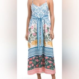 NWT - Dalia MacPhee Multi Floral Tie Shoulder Belted Waist Midi Dress - Size L
